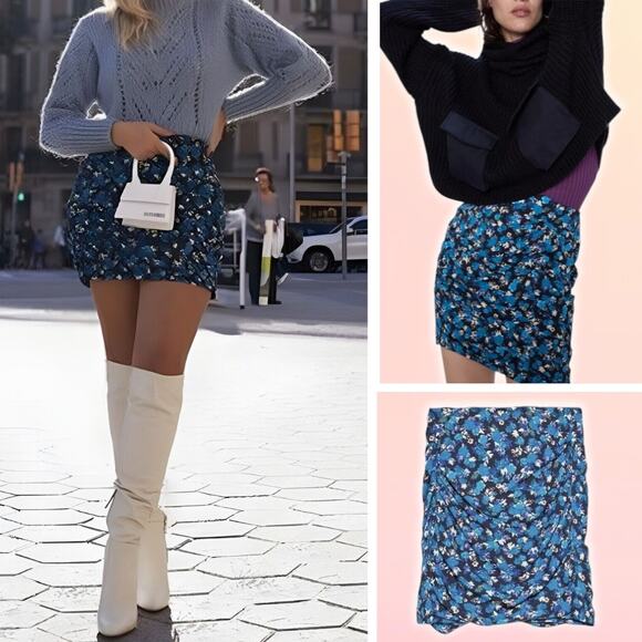 ZARA Floral Ruched Mini Skirt Sz XS Blue Black - Picture 1 of 8